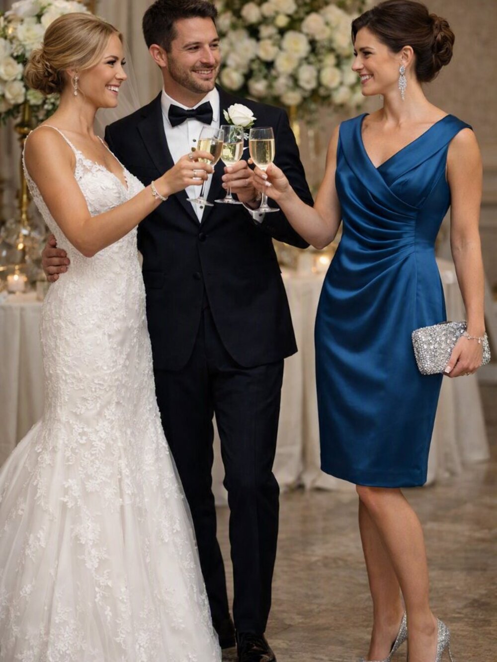 Tahari Blue Satin Sheath Dress with Crossover V
